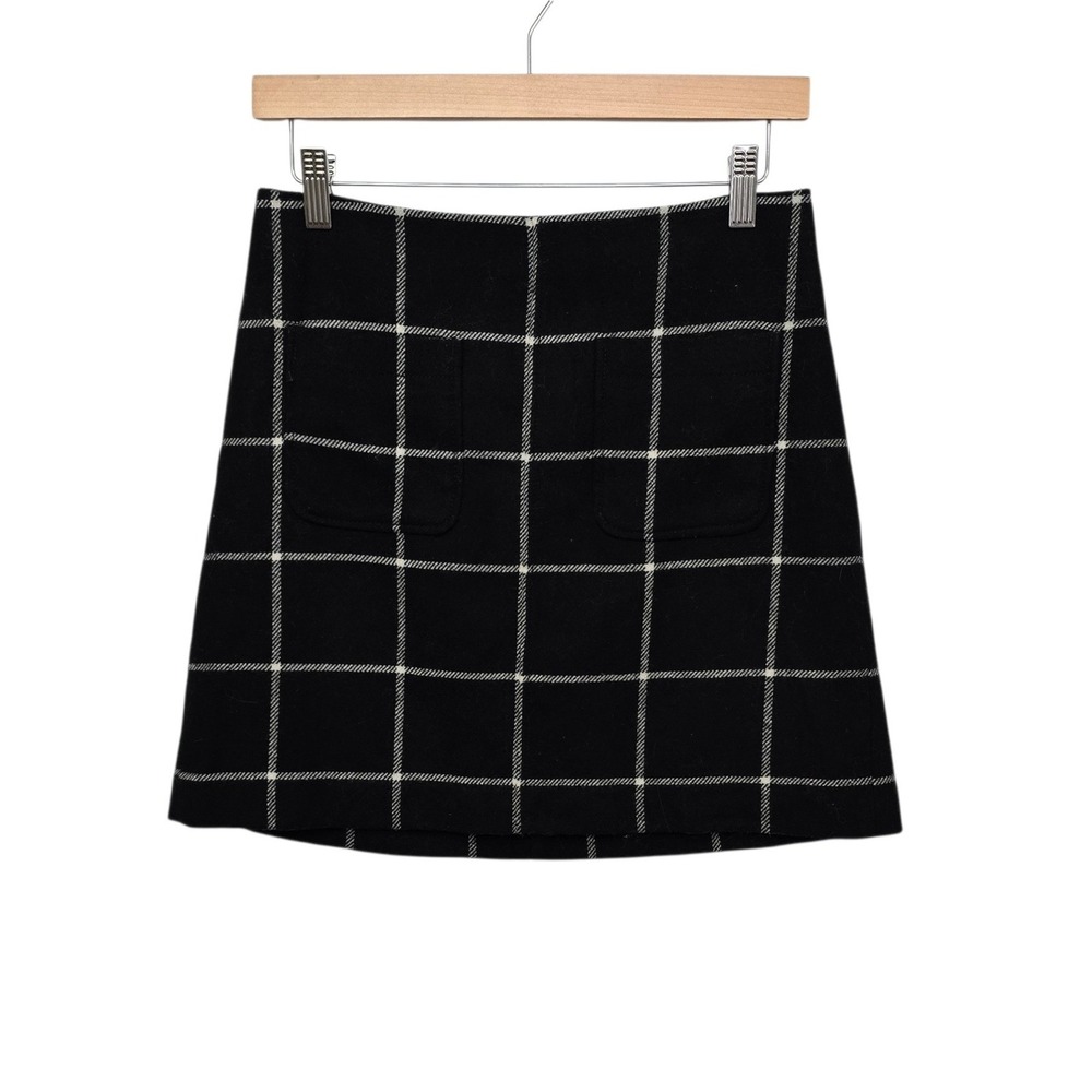 Madewell Black White Windowpane Plaid Wool Blend Mini Skirt Size 2 A-Line Pocket